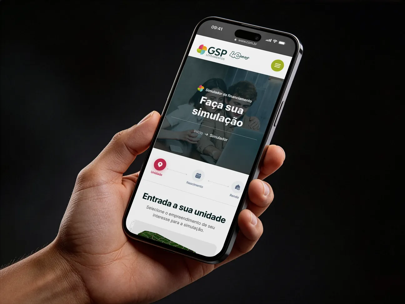 Simulador da GSP Loteamentos aberto em um celular