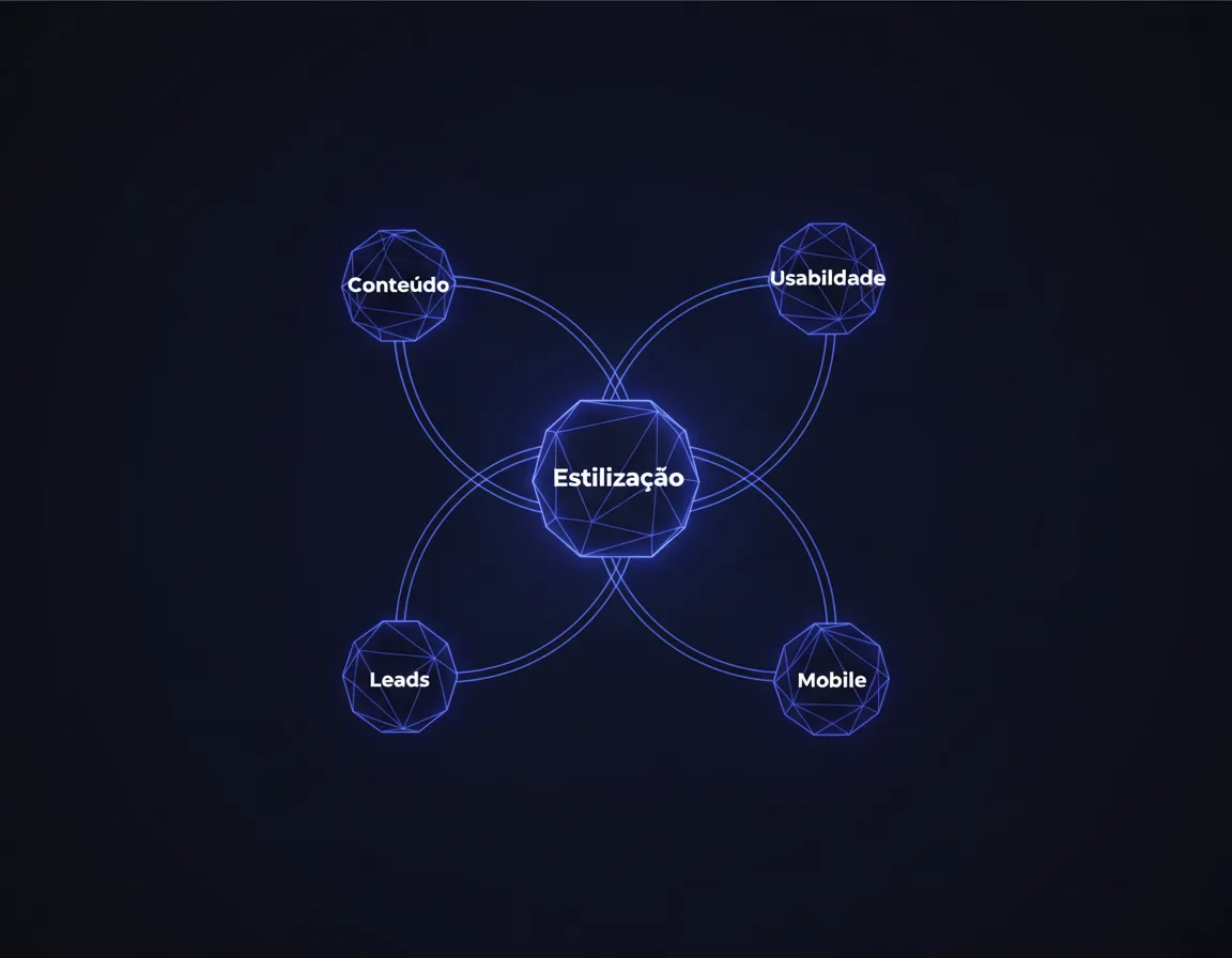 Diagrama ligando conteúdo, usabilidade, estilização, leads e mobile